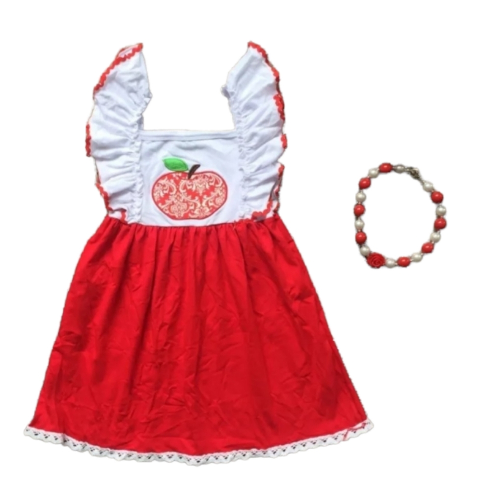 🍎  New Apple Embroidery Dress & Necklace sz 7